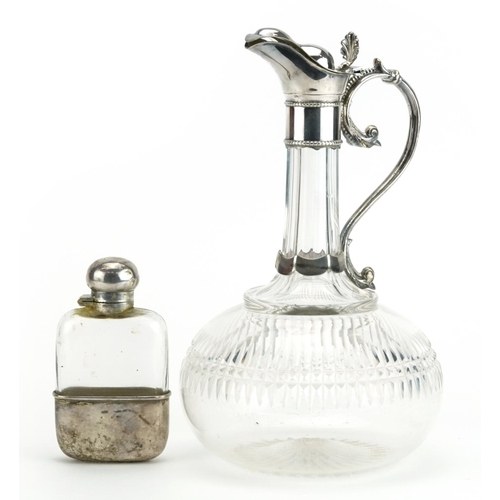 2137 - Victorian cut glass claret jug and hip flask with silver plated mounts, the largest 24cm high