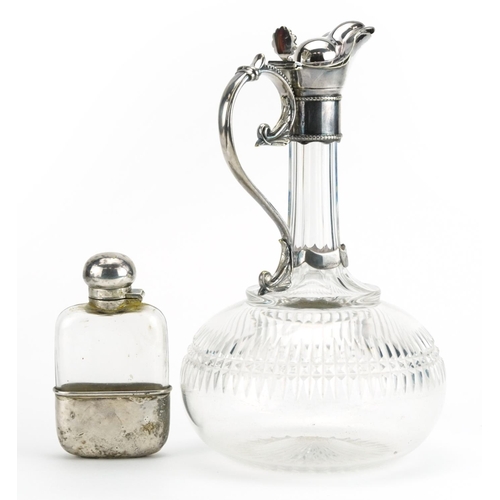 2137 - Victorian cut glass claret jug and hip flask with silver plated mounts, the largest 24cm high