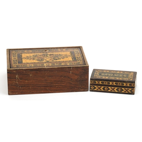 97A - Victorian Tunbridge Ware box with hinged lid and stamp box, the largest 11cm wide