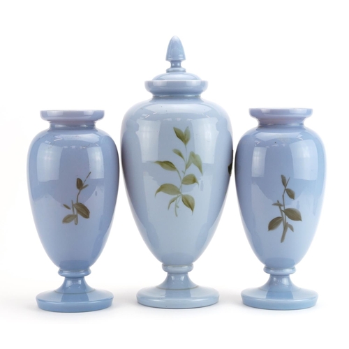 358A - 19th century blue opaline glass three piece vase garniture hand painted with birds on a branch, the ... 