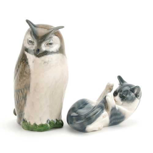 446 - Two Royal Copenhagen porcelain animals comprising owl numbered 2999 and kitten numbered 727, the lar... 