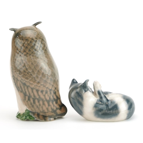 446 - Two Royal Copenhagen porcelain animals comprising owl numbered 2999 and kitten numbered 727, the lar... 