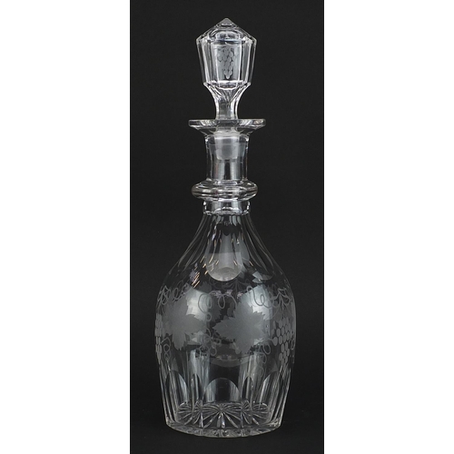 194 - Victorian cut glass decanter etched with leaves and berries, 34cm high