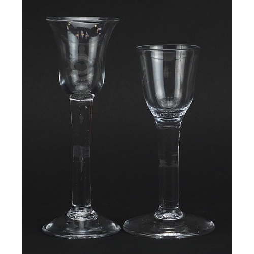 9 - Two 18th century wine glasses including one with bell shaped bowl, the largest 15cm high