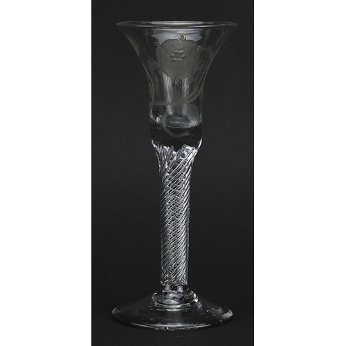 33 - 18th century Jacobite wine glass with air twist stem and bowl etched with a thistle and Tudor rose, ... 