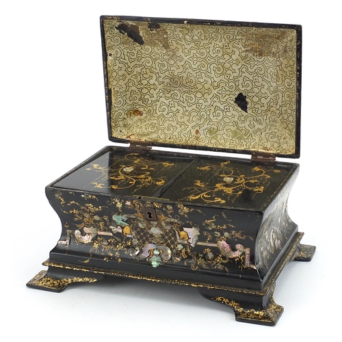 93 - Victorian papier mache tea caddy with twin divisional interior and abalone inlay gilded with flowers... 