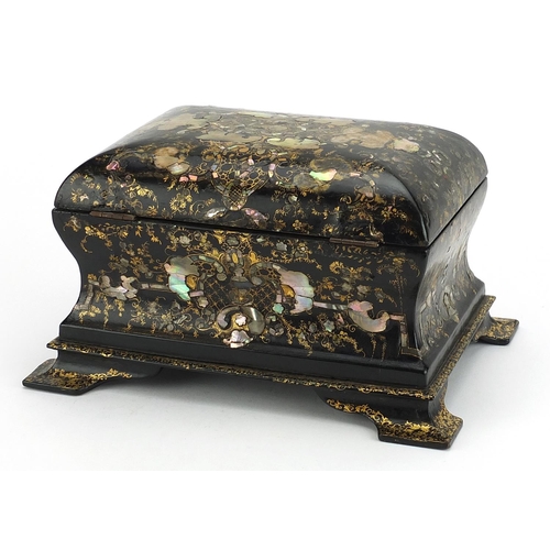 93 - Victorian papier mache tea caddy with twin divisional interior and abalone inlay gilded with flowers... 