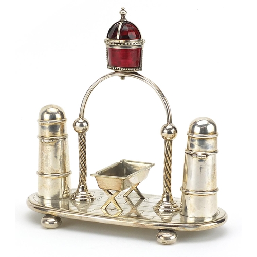 275 - Victorian silver plated cruet set with salt and pepper in the form of lighthouses, 19cm wide