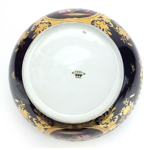 460 - Italian blue glazed porcelain centre bowl gilded with flowers, decorated with a panel of lovers, 36c... 