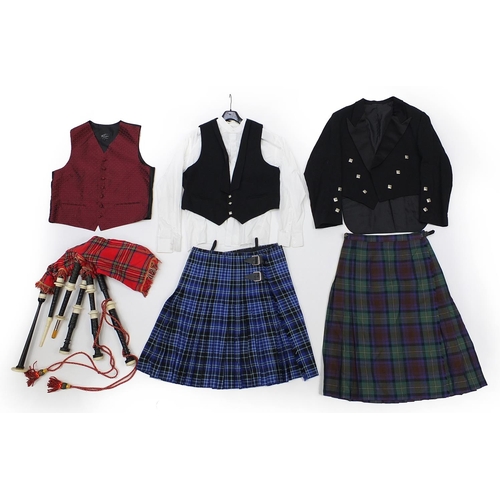 397 - Set of Scottish bagpipes with two kilts and a suit