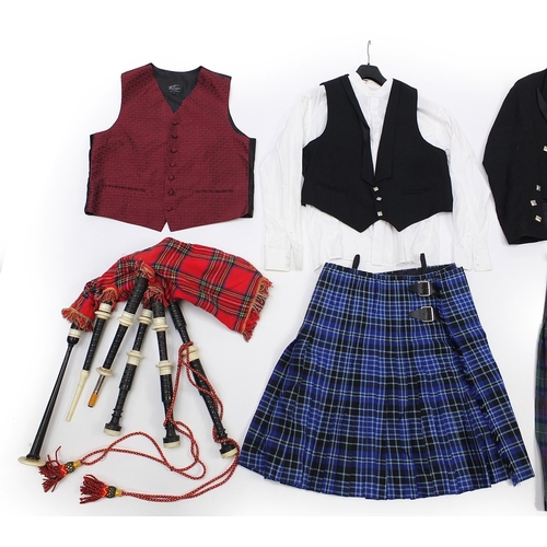 397 - Set of Scottish bagpipes with two kilts and a suit