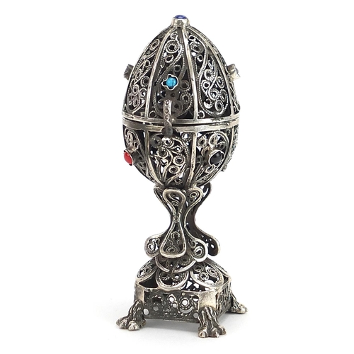 2129 - Russian silver filigree egg shaped trinket opening to reveal a lion, set with turquoise and coral co... 