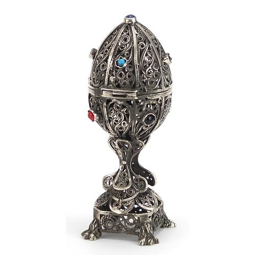 2129 - Russian silver filigree egg shaped trinket opening to reveal a lion, set with turquoise and coral co... 