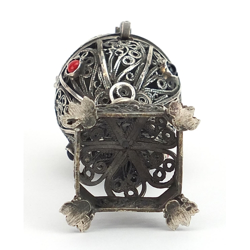 2129 - Russian silver filigree egg shaped trinket opening to reveal a lion, set with turquoise and coral co... 