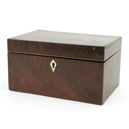 578 - 19th century inlaid mahogany twin divisional tea caddy with inlaid bone escutcheon, 10cm H x 19cm W ... 