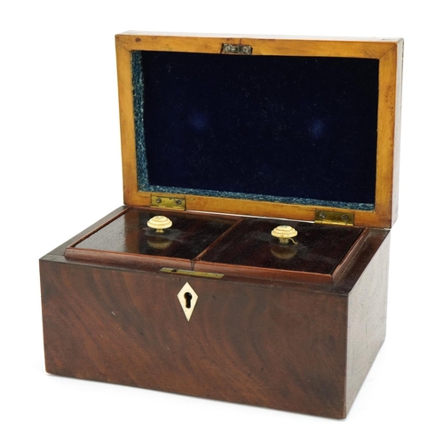 578 - 19th century inlaid mahogany twin divisional tea caddy with inlaid bone escutcheon, 10cm H x 19cm W ... 