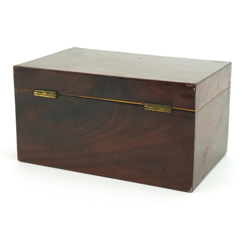 578 - 19th century inlaid mahogany twin divisional tea caddy with inlaid bone escutcheon, 10cm H x 19cm W ... 