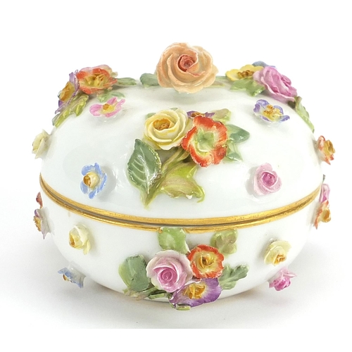 352 - Meissen, German floral encrusted porcelain box and cover, blue crossed sword marks to the base, 7.5c... 