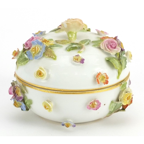 352 - Meissen, German floral encrusted porcelain box and cover, blue crossed sword marks to the base, 7.5c... 