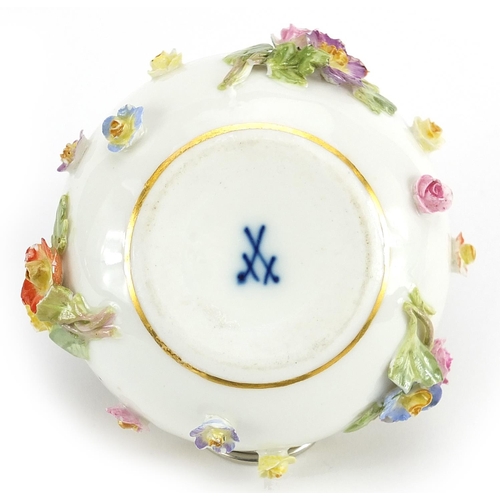 352 - Meissen, German floral encrusted porcelain box and cover, blue crossed sword marks to the base, 7.5c... 