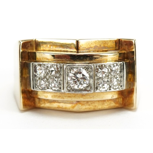 1423 - Continental Art Deco unmarked gold diamond ring, size P, 8.8g