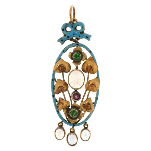 1402 - Unmarked gold and enamel pendant set wit cabochon moonstones, green stones and a garnet, tests as 9c... 