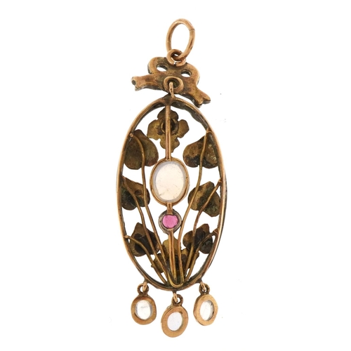 1402 - Unmarked gold and enamel pendant set wit cabochon moonstones, green stones and a garnet, tests as 9c... 