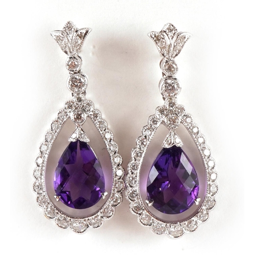 1422 - Pair of 18ct white gold diamond and amethyst drop earrings, 3cm high, 6.0g