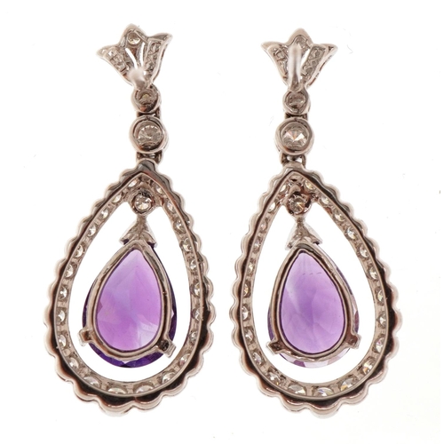 1422 - Pair of 18ct white gold diamond and amethyst drop earrings, 3cm high, 6.0g