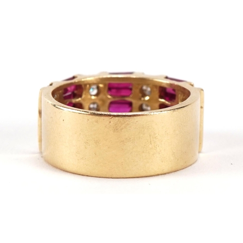 1415 - 14ct gold diamond and ruby ring, size L, 7.8g