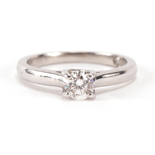 1406 - The Leo diamond, Platinum diamond solitaire ring, the diamond approximately 0.34ct, size L, 4.6g