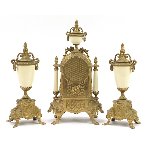 150 - French style gilt metal three piece striking clock garniture decorated with courting couples compris... 