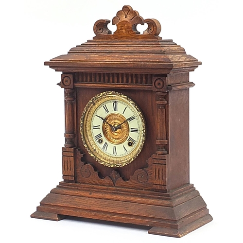 499 - American oak cased Ansonia mantle clock, Sharon Eight Day Strike label to the interior, 43cm high