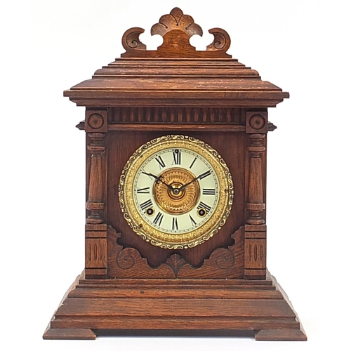 499 - American oak cased Ansonia mantle clock, Sharon Eight Day Strike label to the interior, 43cm high