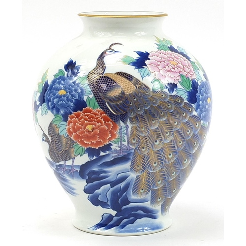 491 - Large Chinese porcelain baluster vase hand painted with peacocks and flowers, 30cm high