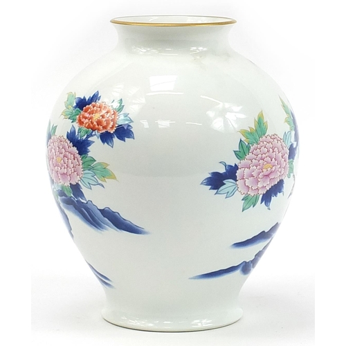 491 - Large Chinese porcelain baluster vase hand painted with peacocks and flowers, 30cm high