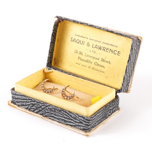 1413 - Pair of Victorian 15ct gold seed pearl crescent moon earrings housed in an Saqui & Lawrence box, 1.0... 