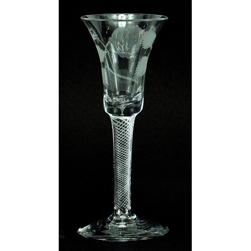 6 - 18th century wine glass with air twist stem and bell shaped bowl etched with a rose, 17cm high