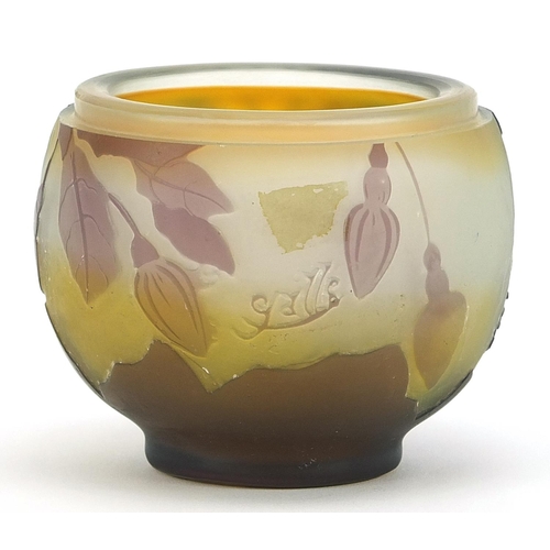 53 - Emile Galle, French Art Nouveau cameo glass pot decorated with flowers, 7.5cm in diameter
