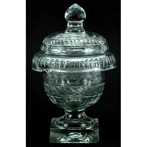 501 - Antique Irish cut glass bonbon pedestal dish and cover, 18.5cm high