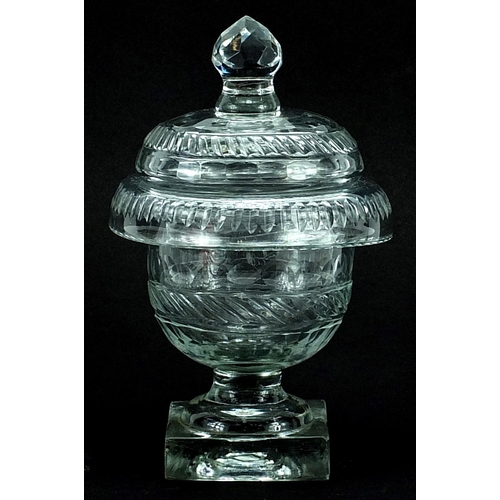 501 - Antique Irish cut glass bonbon pedestal dish and cover, 18.5cm high