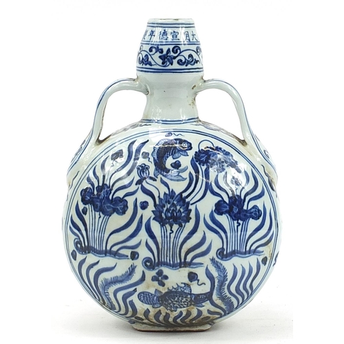 556 - Chinese blue and white porcelain moon flask hand painted with aquatic life and plants, 28cm high