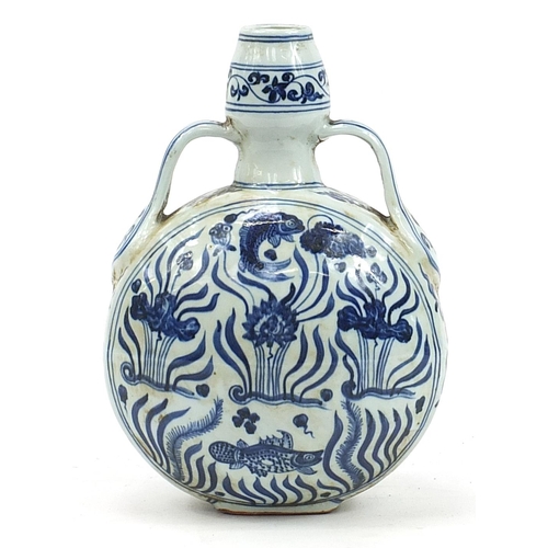 556 - Chinese blue and white porcelain moon flask hand painted with aquatic life and plants, 28cm high