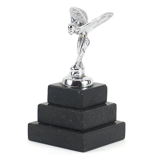 609 - Chromed Rolls Royce Spirit of Ecstasy car mascot style paperweight raised on a square stepped marble... 