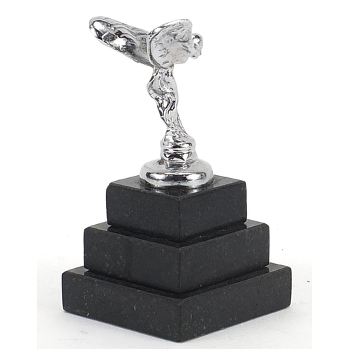 609 - Chromed Rolls Royce Spirit of Ecstasy car mascot style paperweight raised on a square stepped marble... 