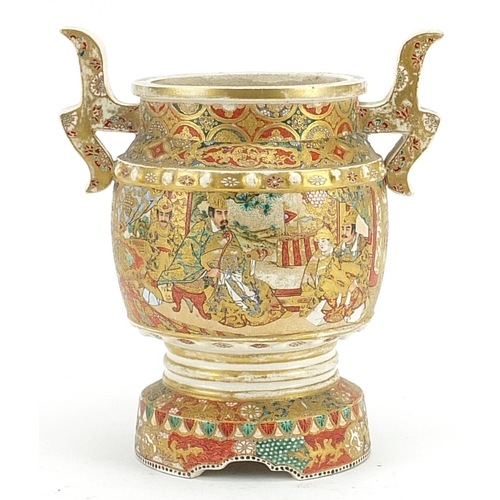 115 - Japanese Satsuma pottery koro with twin handles hand painted with seated figures, 24cm high