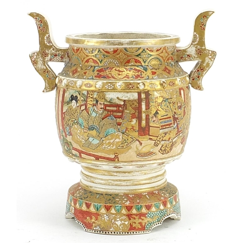 115 - Japanese Satsuma pottery koro with twin handles hand painted with seated figures, 24cm high