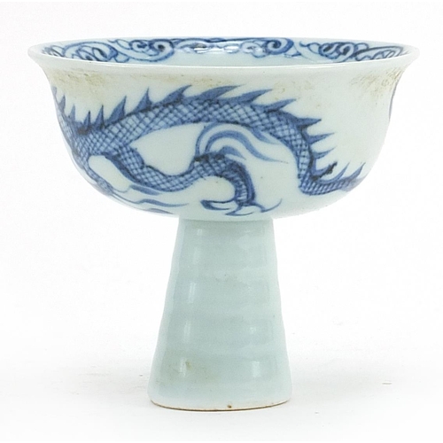 607 - Chinese blue and white porcelain stem bowl hand painted with a dragon chasing a flaming pearl, 9cm h... 