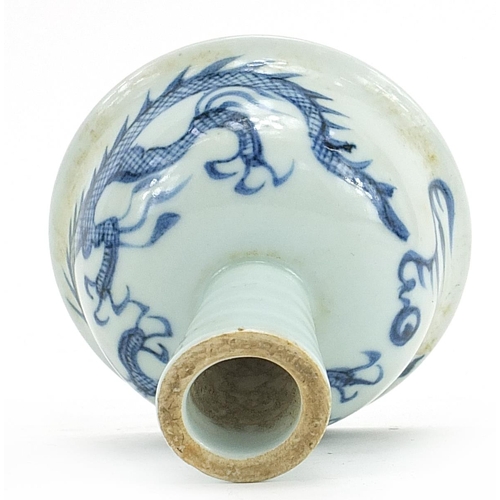 607 - Chinese blue and white porcelain stem bowl hand painted with a dragon chasing a flaming pearl, 9cm h... 