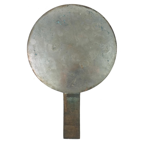 576 - Chinese patinated bronze hand mirror, 27cm in length